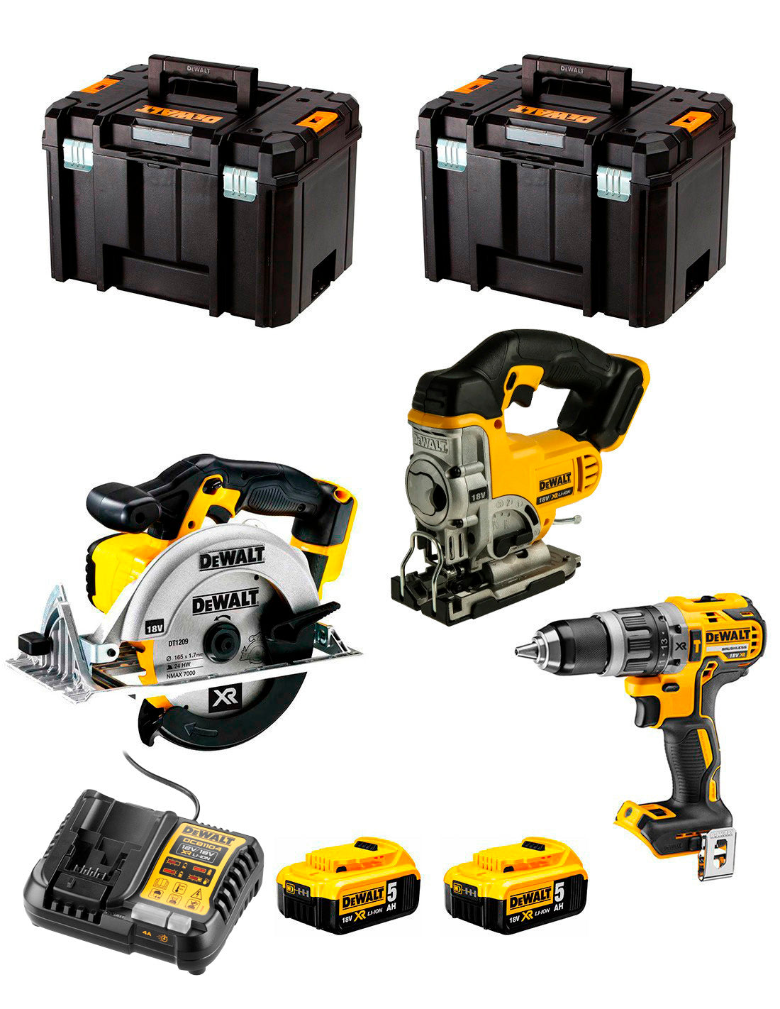 Dewalt Hammerbohrer-Set DCD796 + Stichsäge DCS331 + Kreissäge DCS391 + 2 Bat 5 Ah + Ladegerät + 2 x TSTAK VI DCK391P2