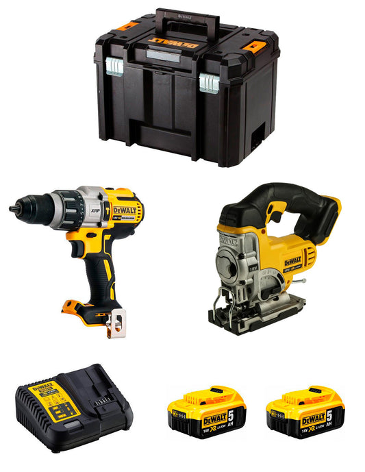 Dewalt Kit DCD996 Bohrhammer + DCS331 Stichsäge + 2bat 5Ah + Ladegerät + TSTAK VI DCK234P2