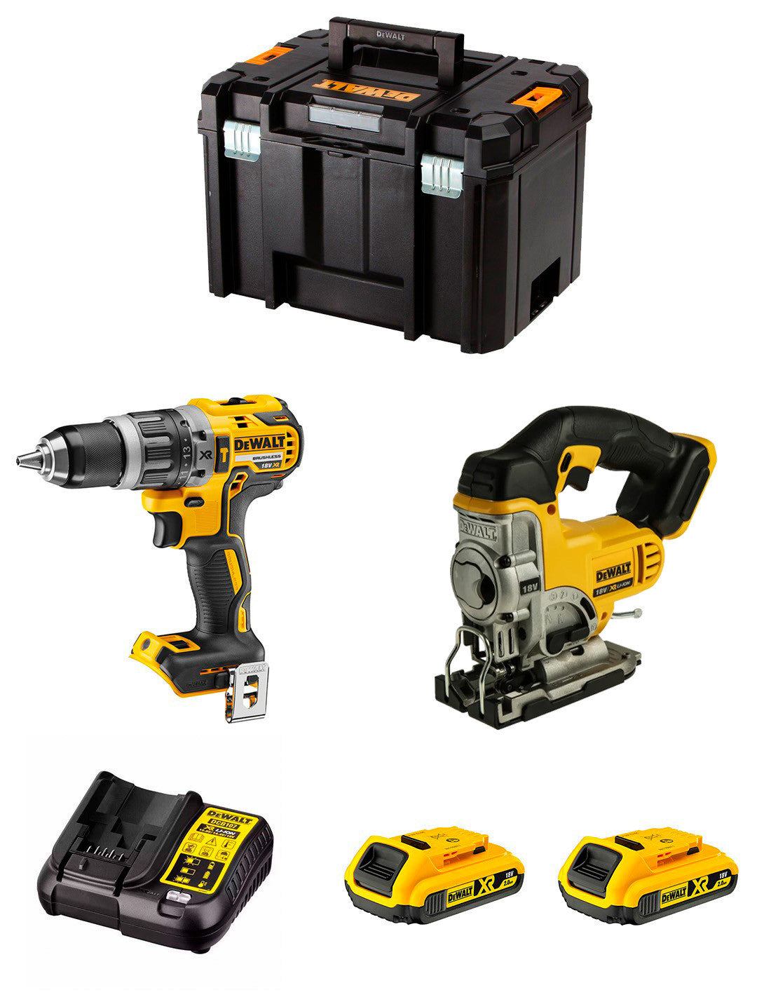 Dewalt Kit DCD796 Bohrhammer + DCS331 Stichsäge + 2bat 2Ah + DCB107 Ladegerät + TSTAK VI DCK234D2