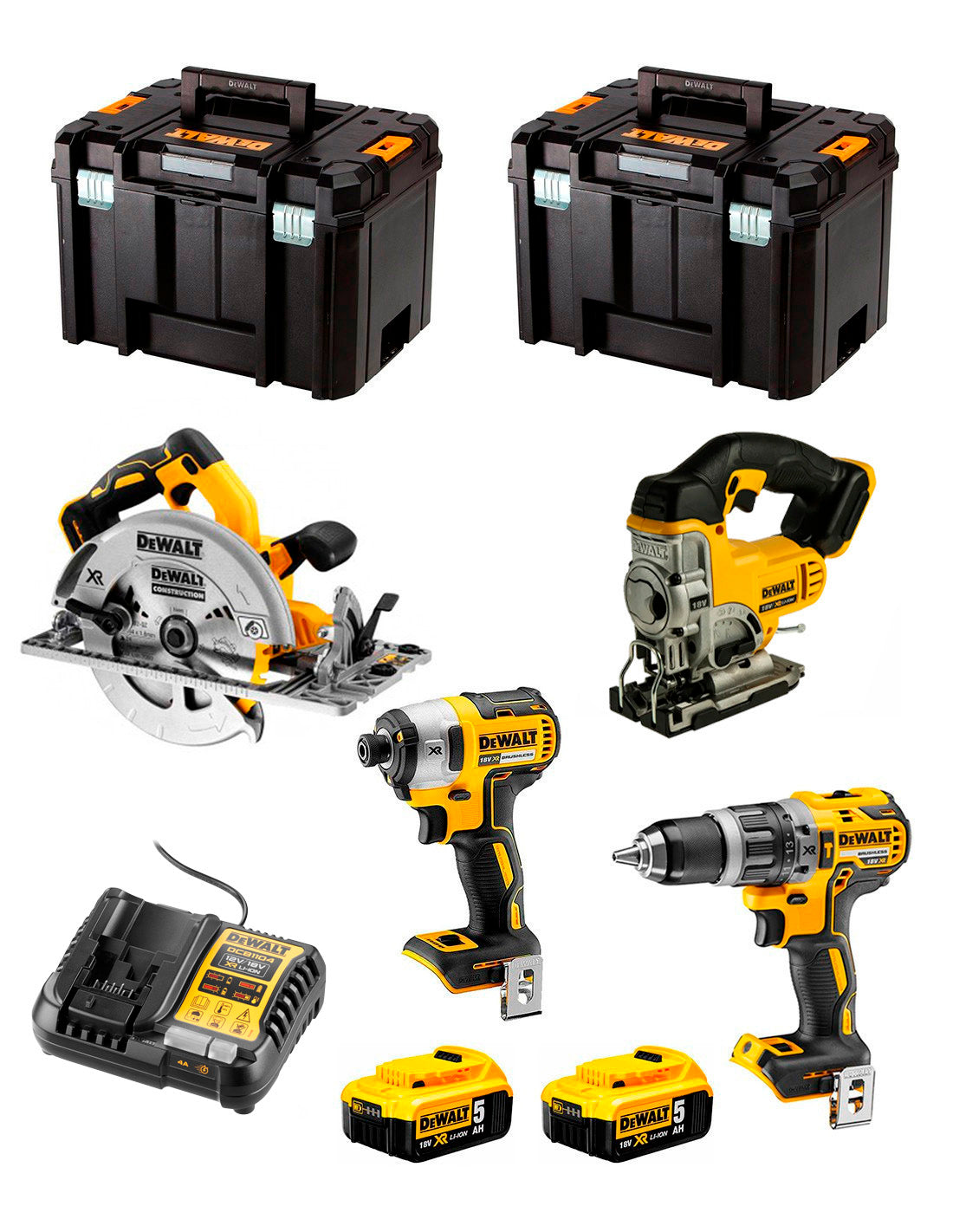 Dewalt Kit 4 Werkzeuge + 2 Bat 5ah + DCB1104 Ladegerät + 2xTstak VI Kit DCK470P2