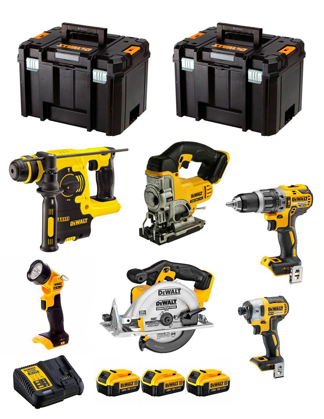 Dewalt-Kit mit 6 Werkzeugen + 3bat 5Ah + Ladegerät + 2xTSTAK VI DCK653P3