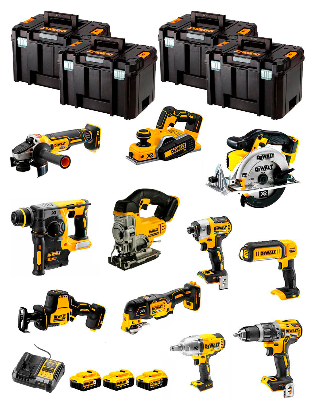 Dewalt Kit 11 Werkzeuge + 3bat 5Ah + DCB1104 Ladegerät + 4xTSTAK DCK111P3