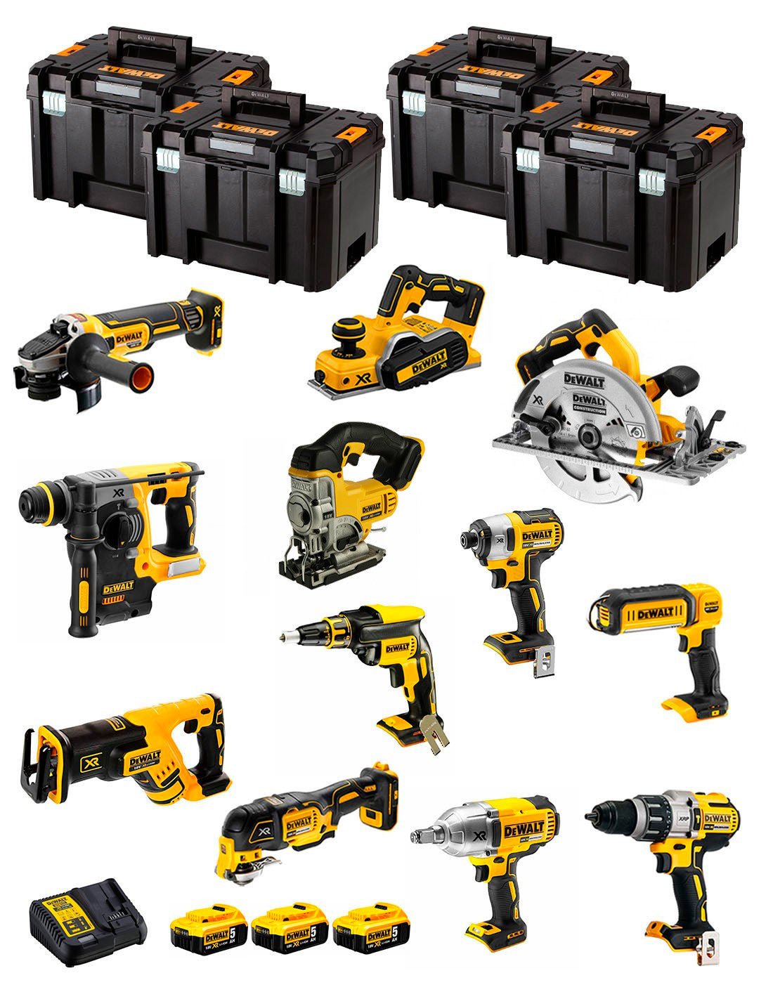 Dewalt Kit 12 Werkzeuge + 3bat 5Ah + DCB115 Ladegerät + 4xTSTAK DCK127P3