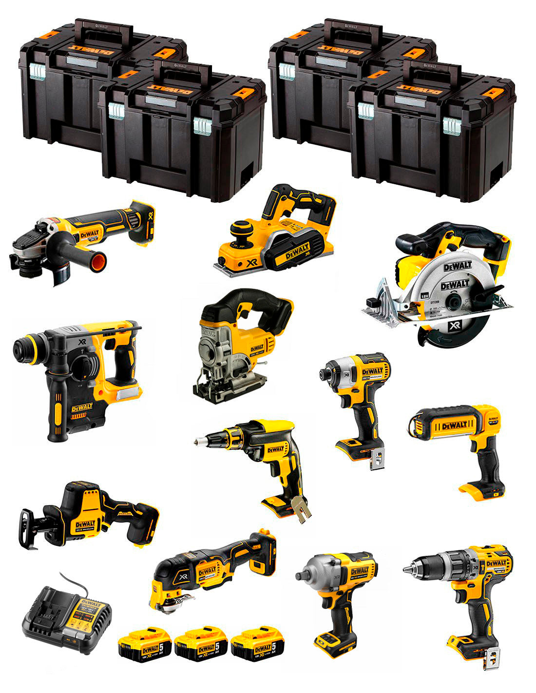 Dewalt Kit 12 Werkzeuge + 3bat 5Ah + DCB1104 Ladegerät + 4xTSTAK DCK129P3