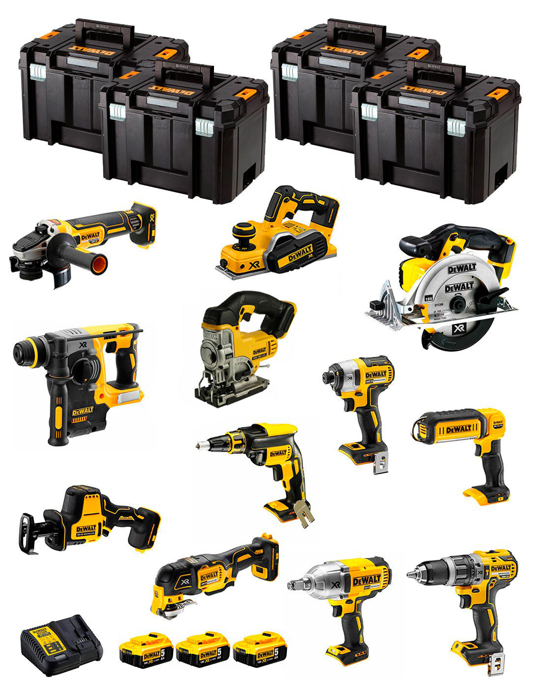 Kit Dewalt 12 herramientas + 3bat 5Ah + Cargador DCB115 + 4xTSTAK DCK129P3