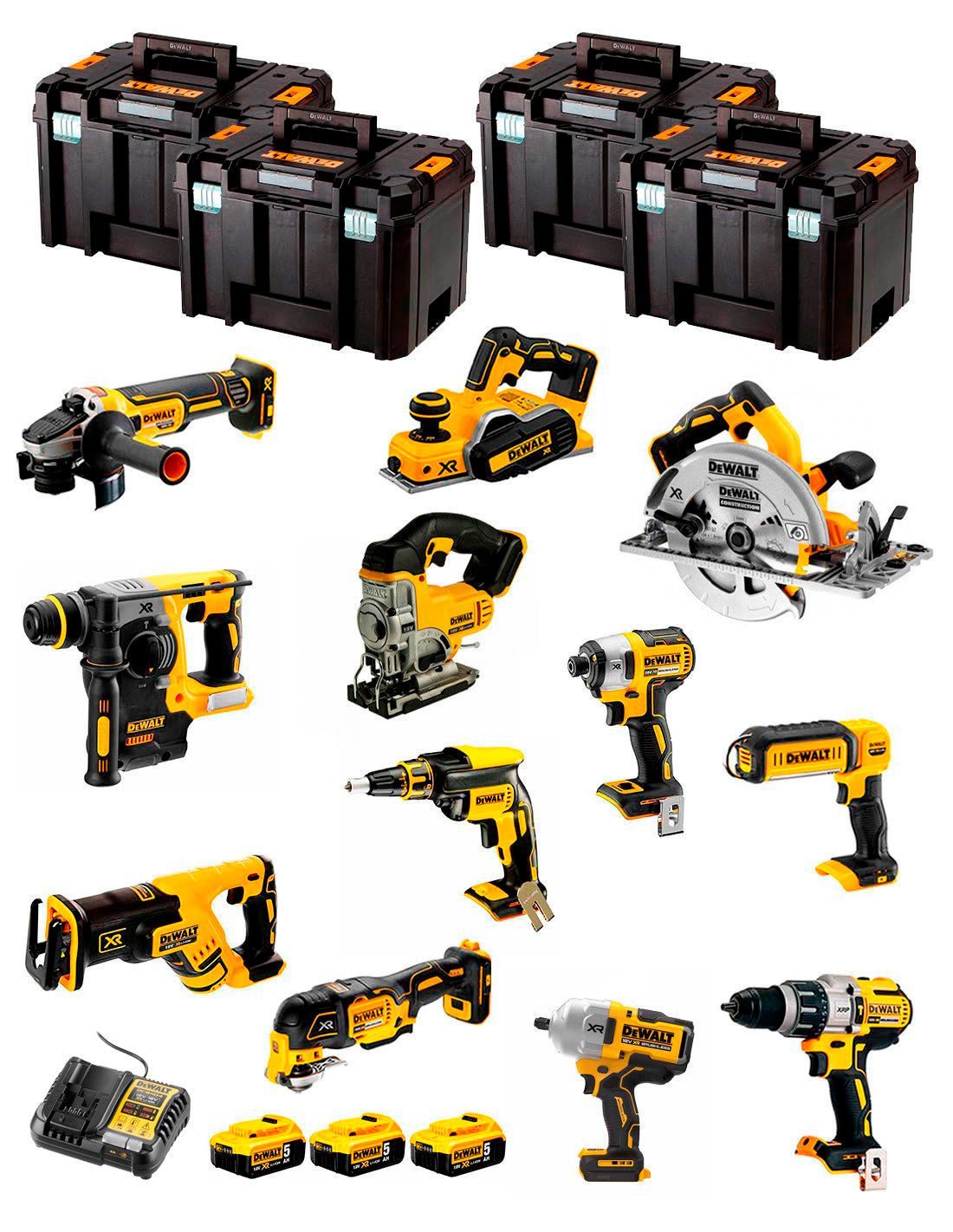 Kit Dewalt 12 herramientas + 3bat 5Ah + Cargador DCB1104 + 4xTSTAK DCK120P3