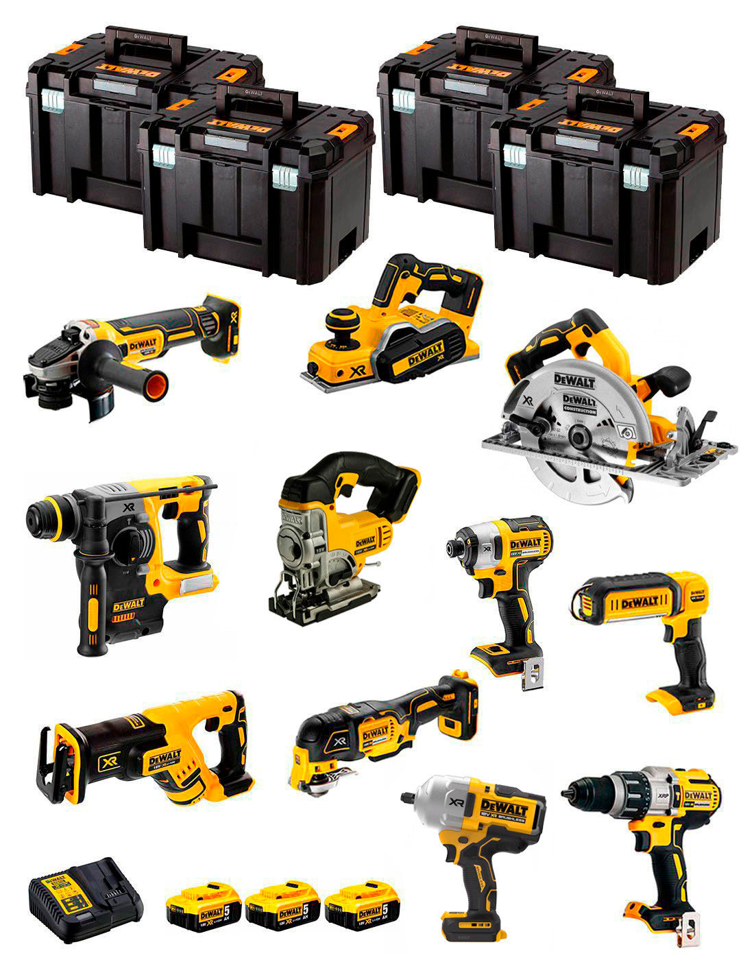 Dewalt Kit 11 Werkzeuge + 3bat 5Ah + DCB115 Ladegerät + 4xTSTAK DCK110P3