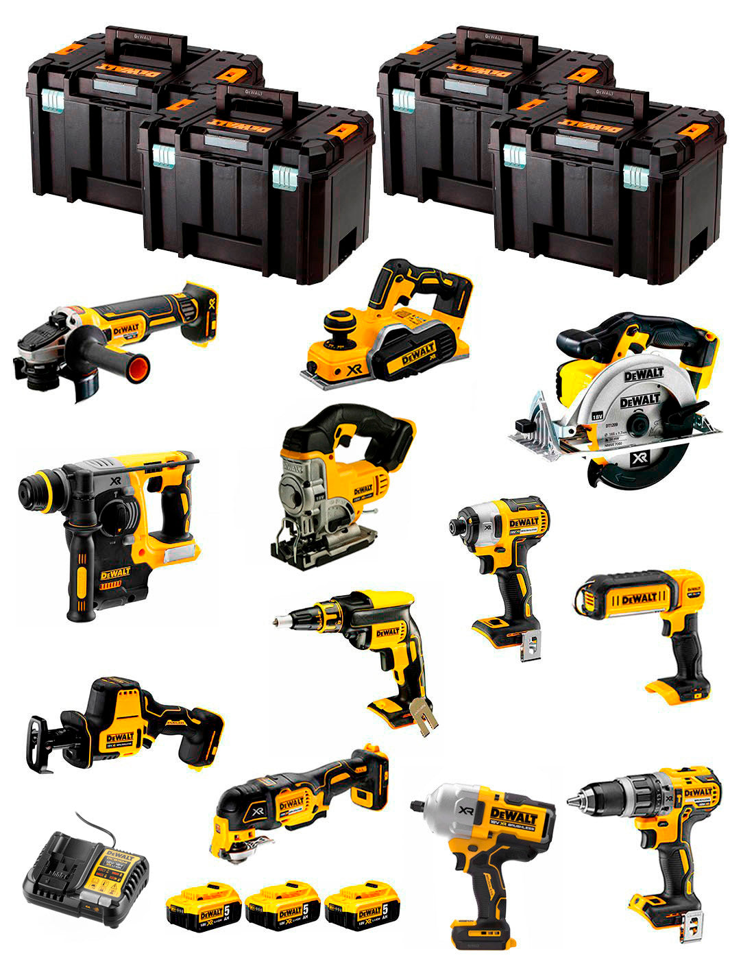 Kit Dewalt 12 herramientas + 3bat 5Ah + Cargador DCB1104 + 4xTSTAK DCK121P3