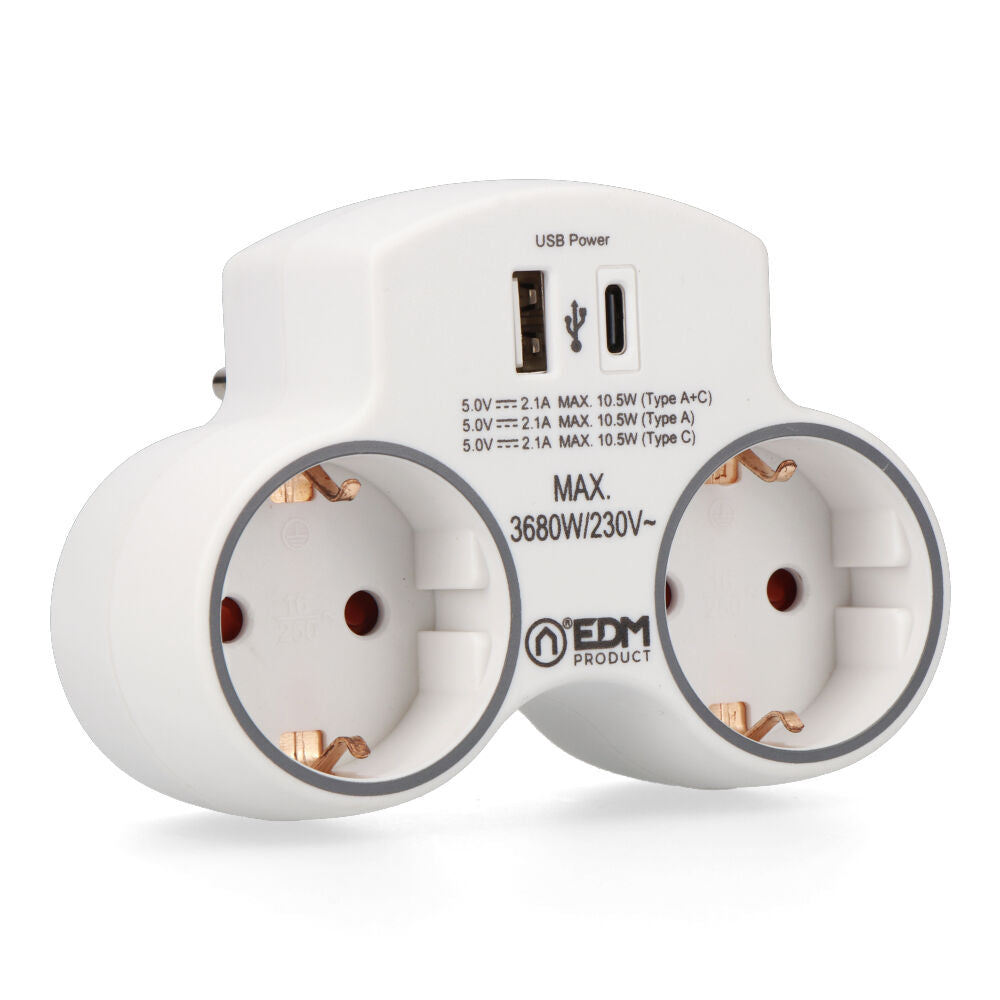 EDM 2-fach-Adapter 2P+E SCHUKO mit 2 USB-Anschlüssen (A + C)