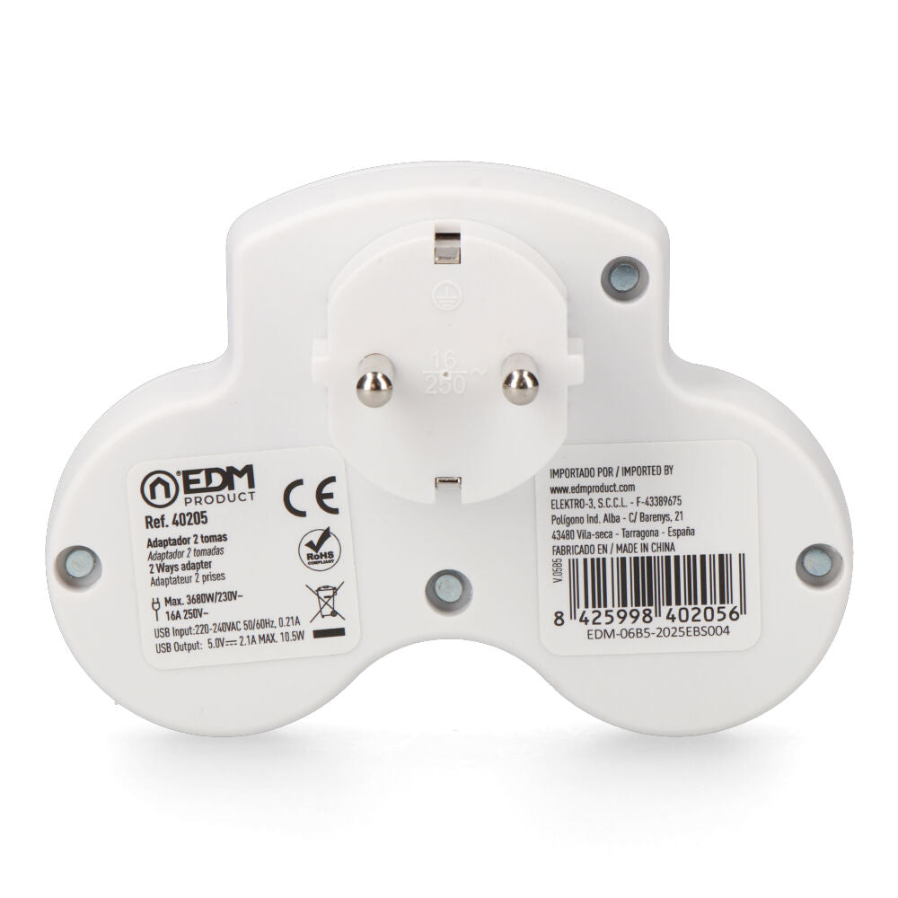 EDM 2-fach-Adapter 2P+E SCHUKO mit 2 USB-Anschlüssen (A + C)
