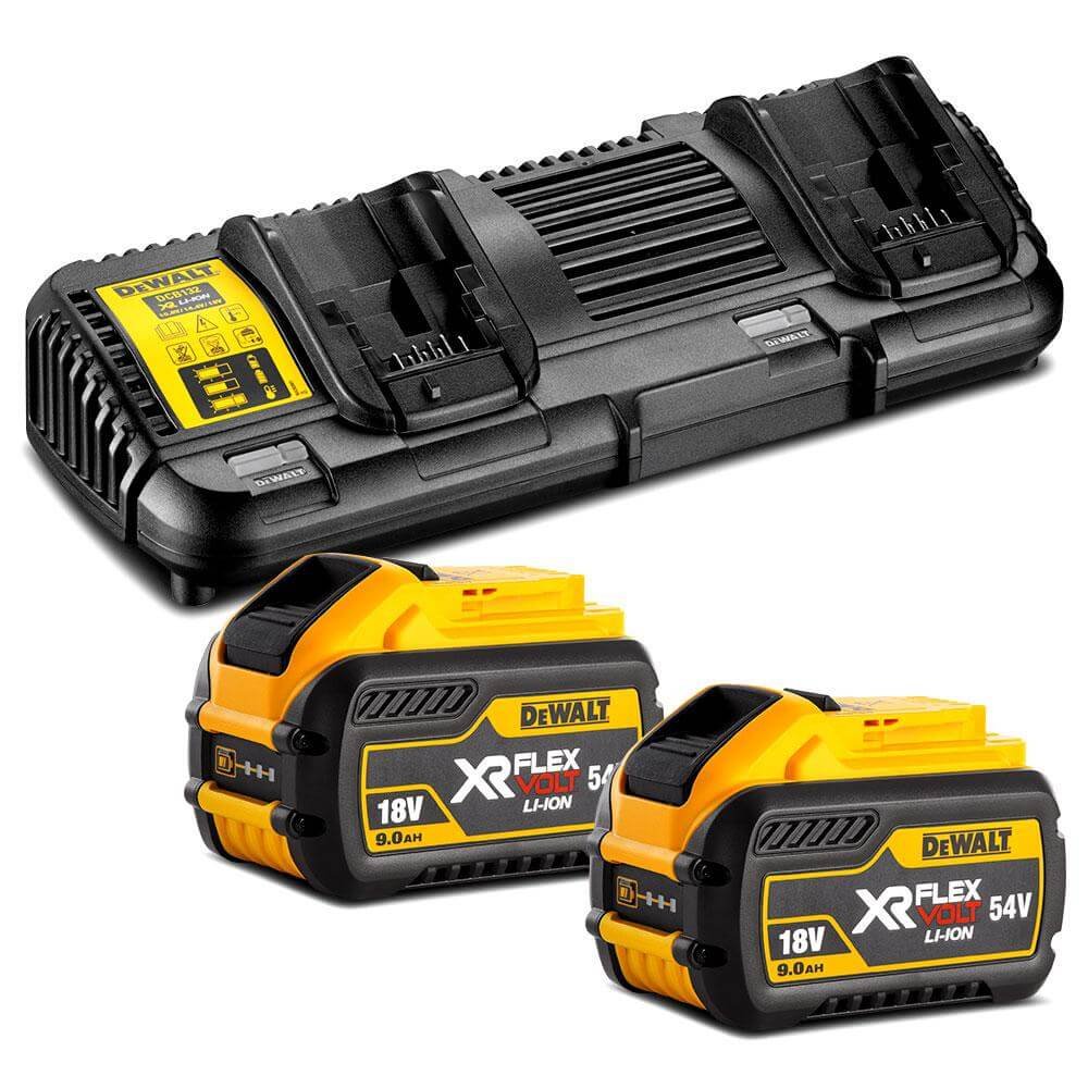 Kit mit 2 XR Flexvolt 54 V/18 V 9,0 Ah-Schienenbatterien und doppeltem XR Flexvolt DCB132X2 Dewalt-Ladegerät