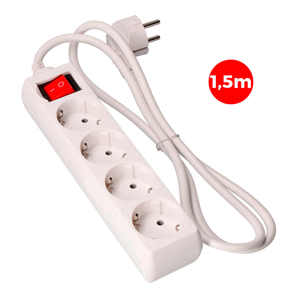 Mehrfachsteckdose mit 4 Steckplätzen, 2P+E, mit beleuchtetem Schalter, 16 A, 250 V~, 1,5 m H05VV-F-3G-Kabel, EDM