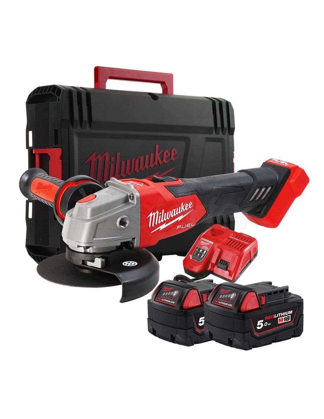 M18-Winkelschleifer 125 mm mit Bremse und Druckschalter + 2 Akkus 5 Ah + Ladegerät + Milwaukee-Koffer M18 FSAG125XB-502X
