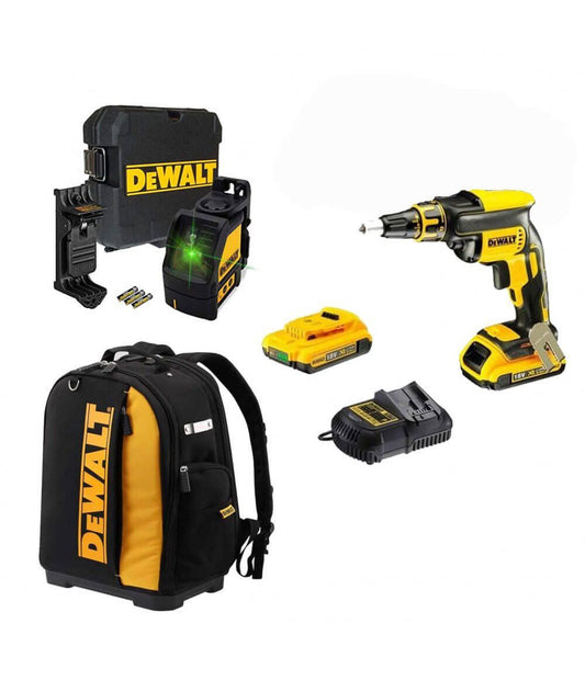 Combo Pladur Schraubendreher DCF620 + 2 Bat 2Ah + Laser DW088CG + Dewalt CPROF593 Rucksack