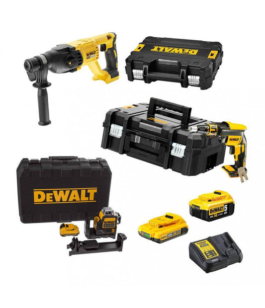 Mega-Gipsplatten-Kombination: DCF620-Schraubendreher + DCH133-Hammer + DCE089D1R-Wasserwaage + 2 18-V-Dewalt-Batterien