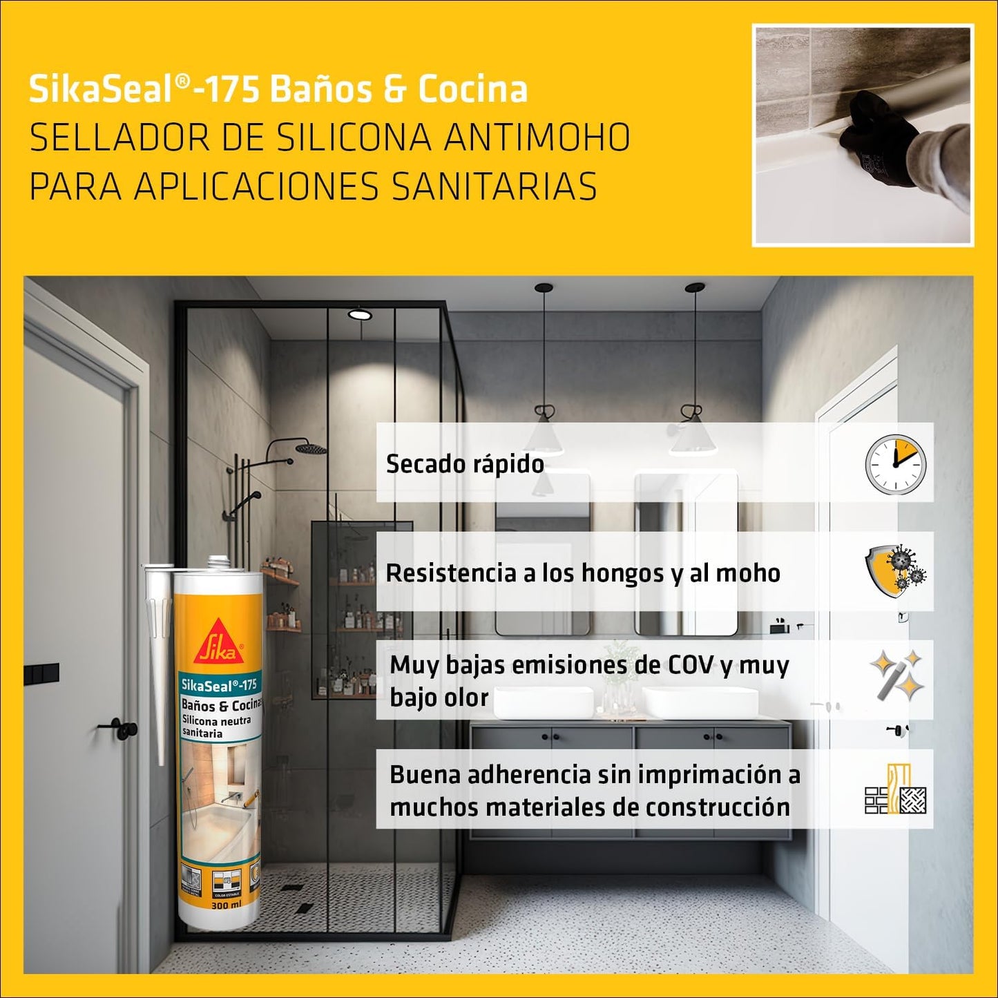 Cartucho de selante de silicone neutro sanitário 300ml SikaSeal-175