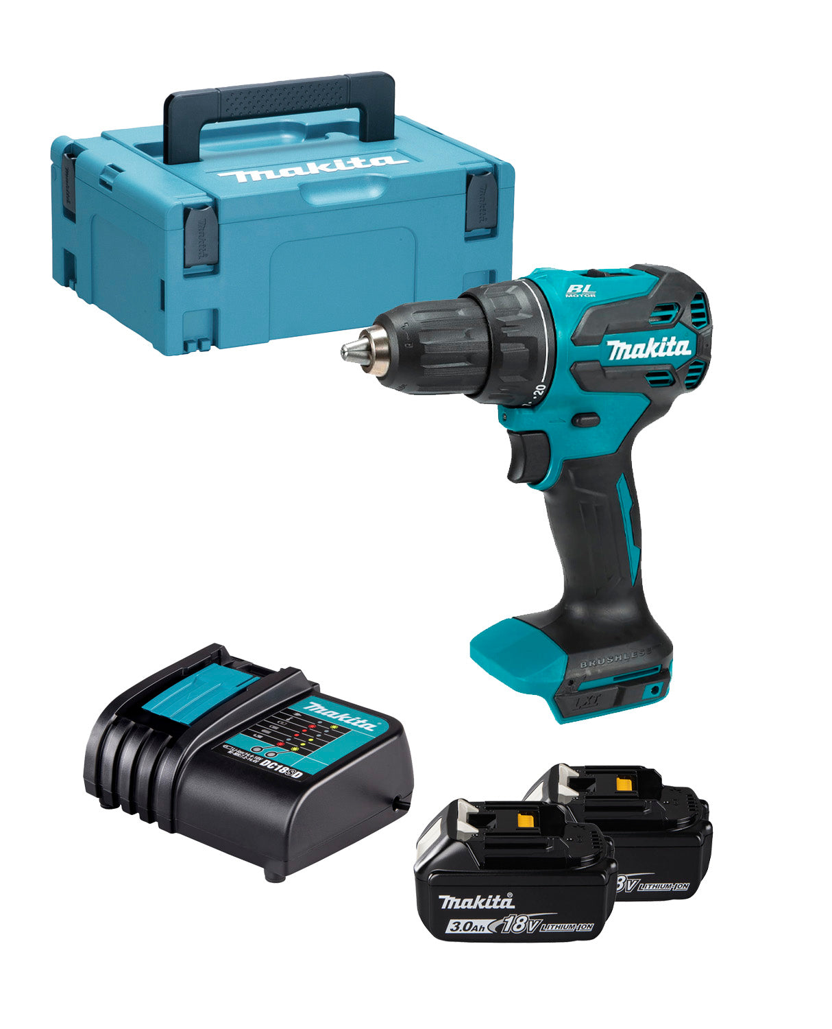 Taladro combinado BL 18V LXT con 2 bat 3Ah + Cargador + Maletín Makita DHP490SFJ
