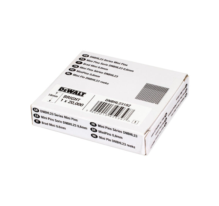 Caja 20.000uds mini pins sin cabeza para clavadora de acabados 0.6mm x 18mm Dewalt DNBHL2318Z