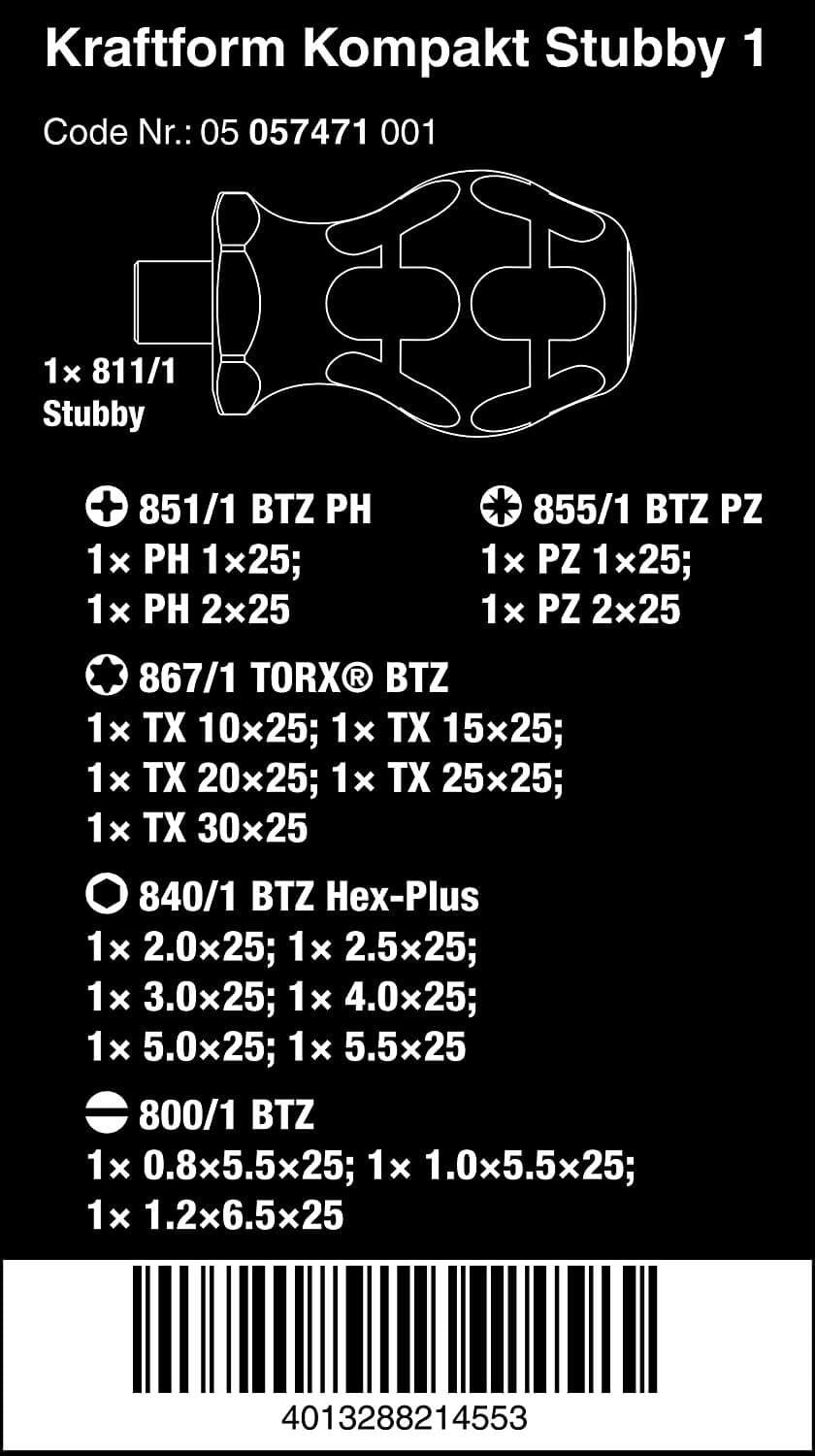 Juego herramientas de atornillar para bicicletas 19 piezas Wera Kraftform Kompakt Stubby 1