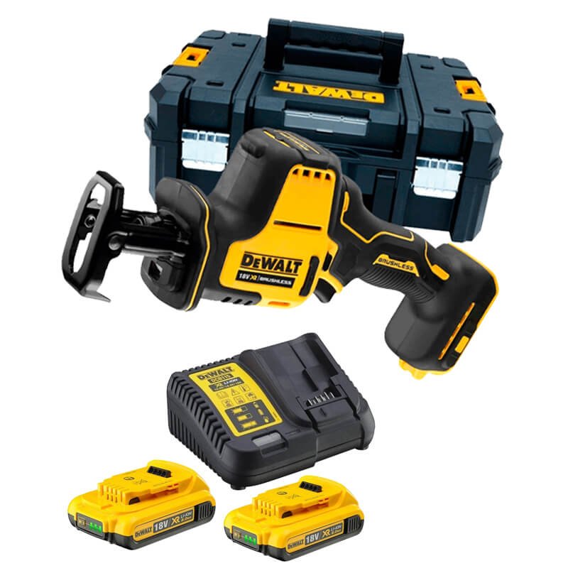 Mini-Bürstenlose Säbelsäge 18 V mit 2 2,0-Ah-Batterien und Dewalt DCS369D2-Koffer