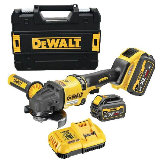 XR FLEXVOLT 54 V/18 V 125 mm bürstenloser Mini-Schleifer mit 2 6-Ah-Batterien und Dewalt DCG418T2-Gehäuse