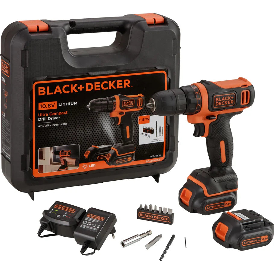 Taladro atornillador 10,8V 26Nm 10mm con 2 baterías + cargador + maletín Black+Decker BDCDD12KB