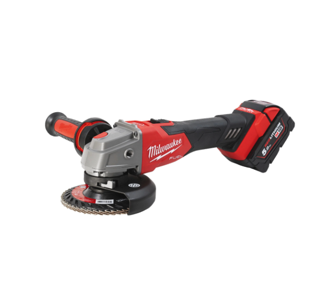 M18-Winkelschleifer 125 mm mit Bremse und Druckschalter + 2 Akkus 5 Ah + Ladegerät + Milwaukee-Koffer M18 FSAG125XB-502X