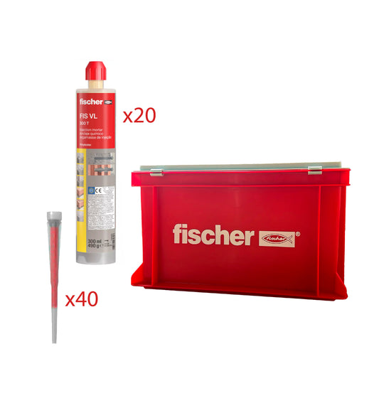 Packung 20 Kartuschen Chemikalienblock 300ml FIS VL 300 T + 40 Düsen + Schachtel Fischer 574270