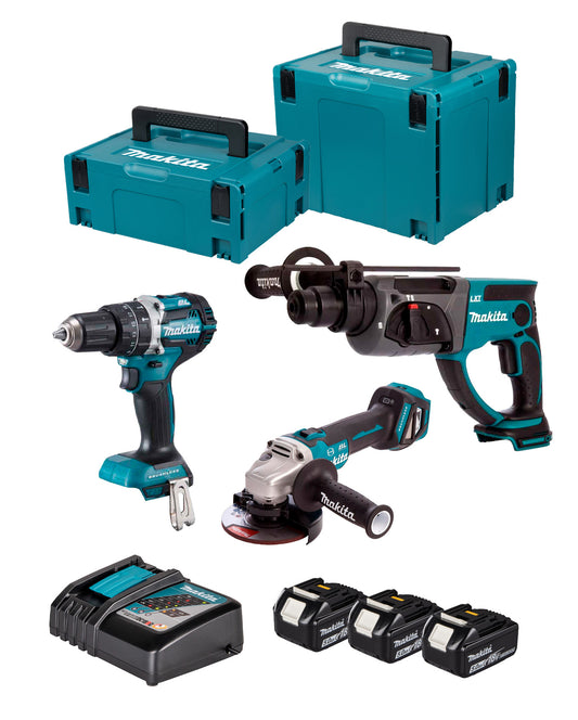 Makita DLX3093TJ 18V Kombi-Set: Bohrmaschine DHP4984 + Winkelschleifer DGA513 + Akku-Schlaghammer DHR202 + 3 x 5Ah Akkus + Ladegerät + Transportkoffer