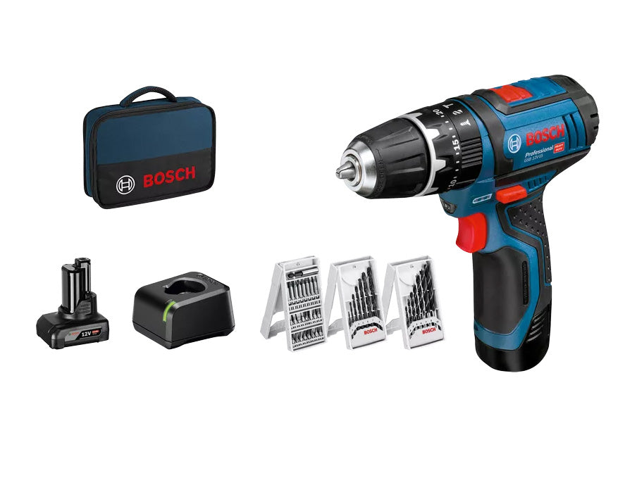 GSB 12V-15 Bohrmaschine + 2Ah Akku + 25 Bit-Satz + Bosch Ladegerät