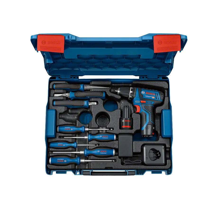 Bosch Pro Set mit GSR 12V-15 Akkuschrauber und Handwerkzeugen