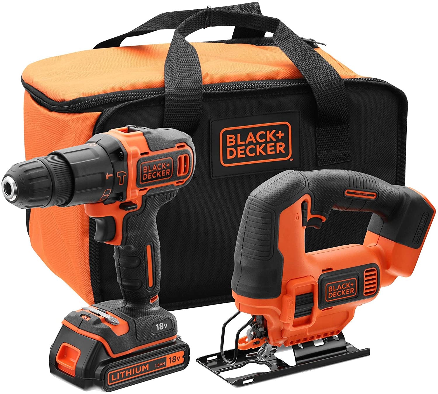 Set Taladro Percutor + Sierra de Calar Black+Decker 18V + Bateria 1,5Ah y Bolsa de Transporte BCK22S1S-QW BLACK + DECKER - 1